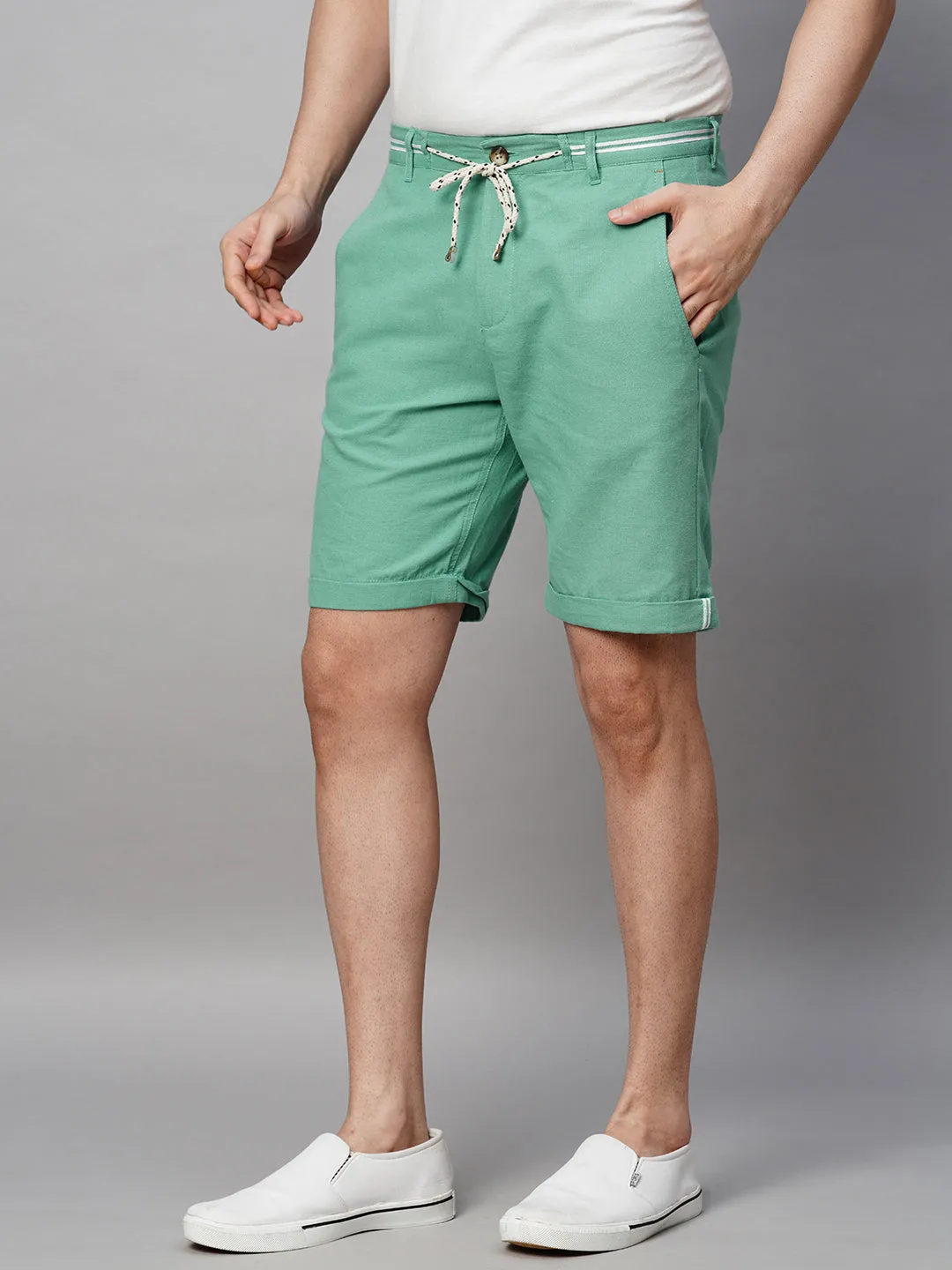 Men's Green Cotton Linen Regular Fit Shorts