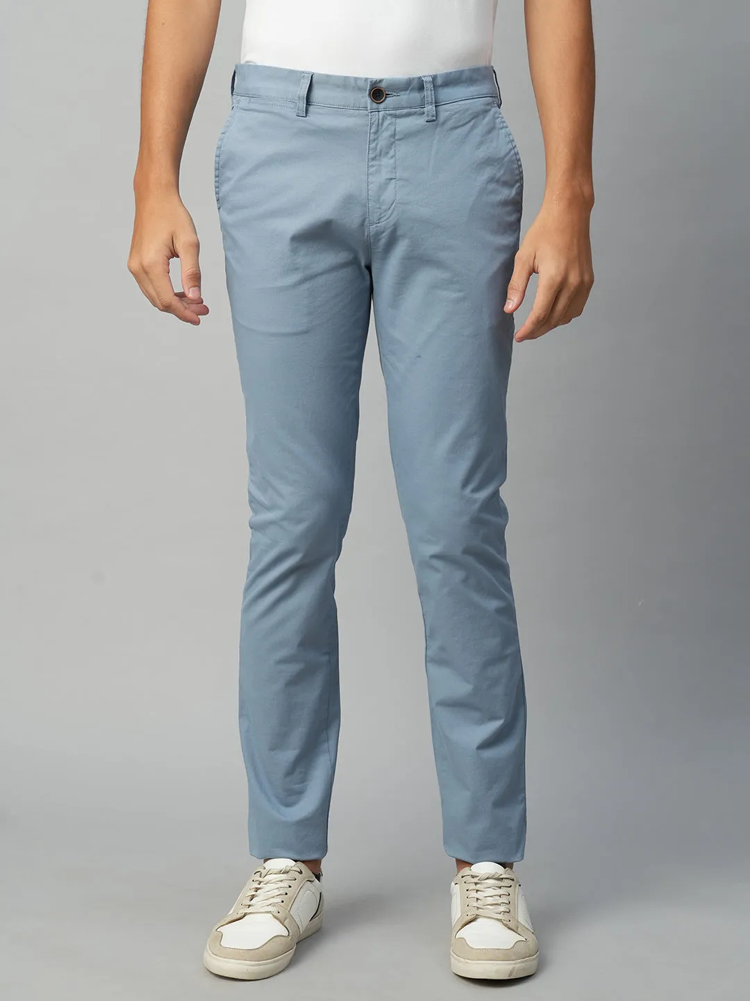 Men's Greyish Blue Cotton Lycra  Slim Fit Pant