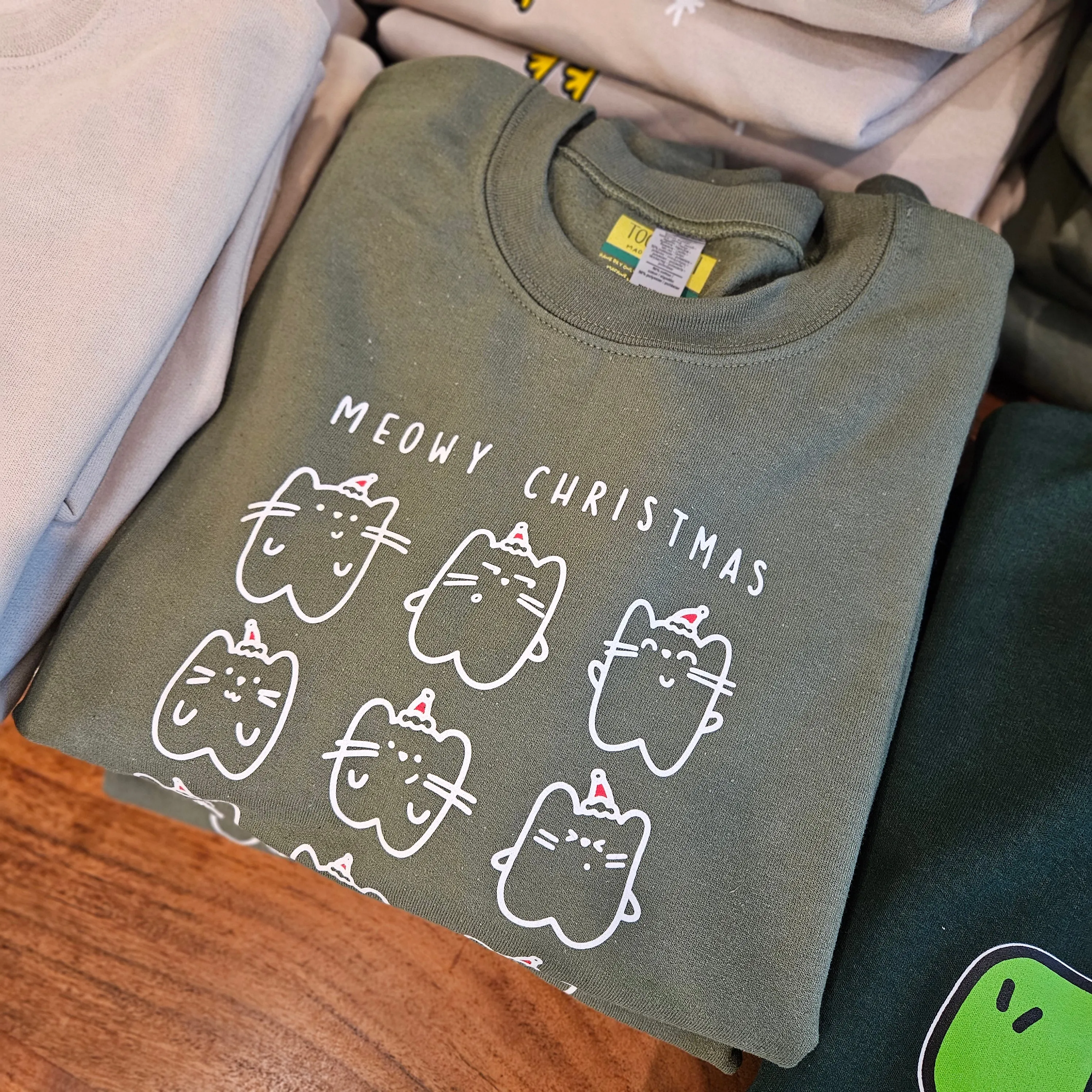 MEOWY CHRISTMAS - MUTED GREEN SWEATSHIRT - Small