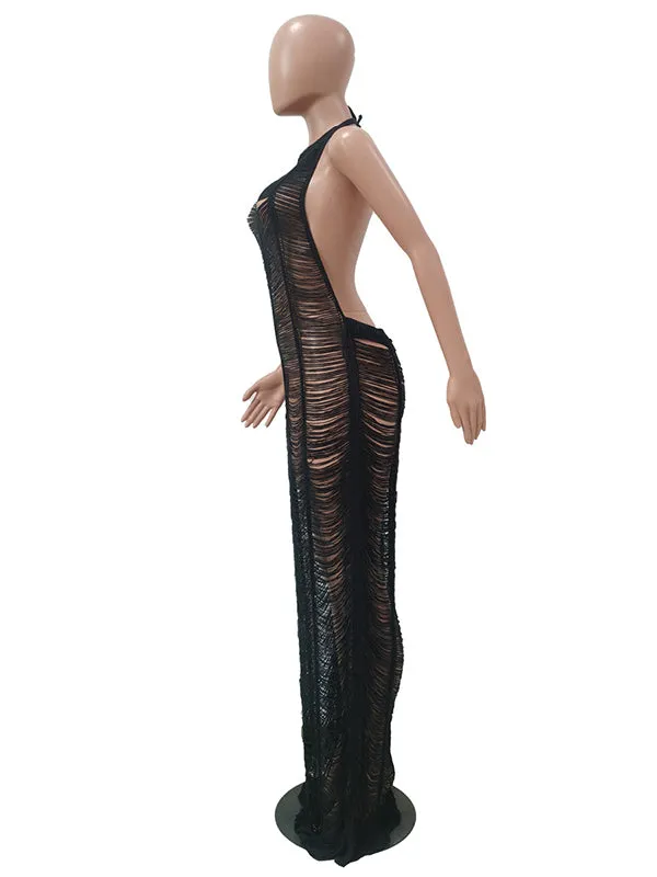 Momnfancy Black Crochet Backless Sheer Beach Cover Up Photoshoot Maternity Maxi Dress