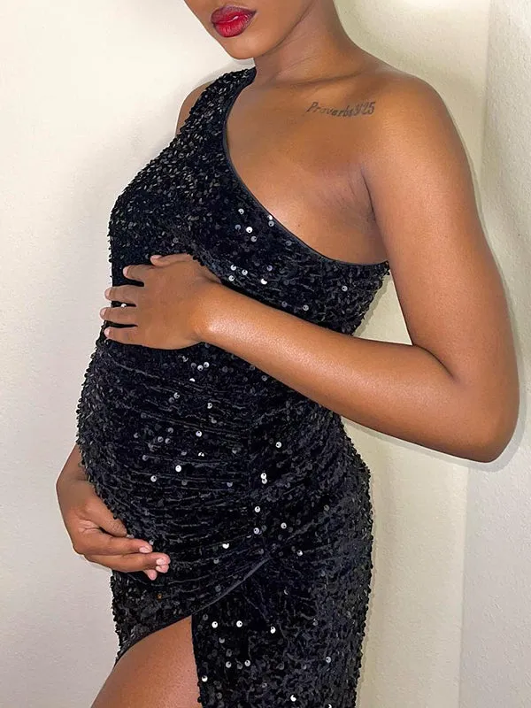 Momnfancy Black Slit Sequin Photoshoot Sparkly Off Shoulder Maternity Maxi Dress