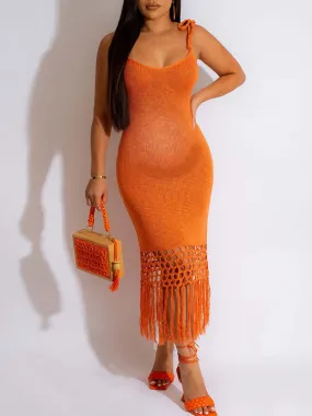 Momnfancy Orange Crochet Cut Out Tassel Backless Cami Bodycon Chic Beach Vacation Maternity Photoshoot Baby Shower Party Maxi Dress