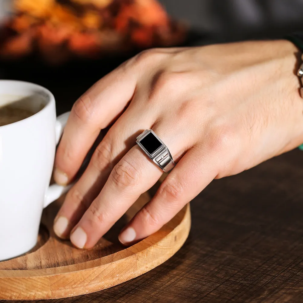 Natural Stone Ring for Men with 2 Diamonds in Solid 925 Silver