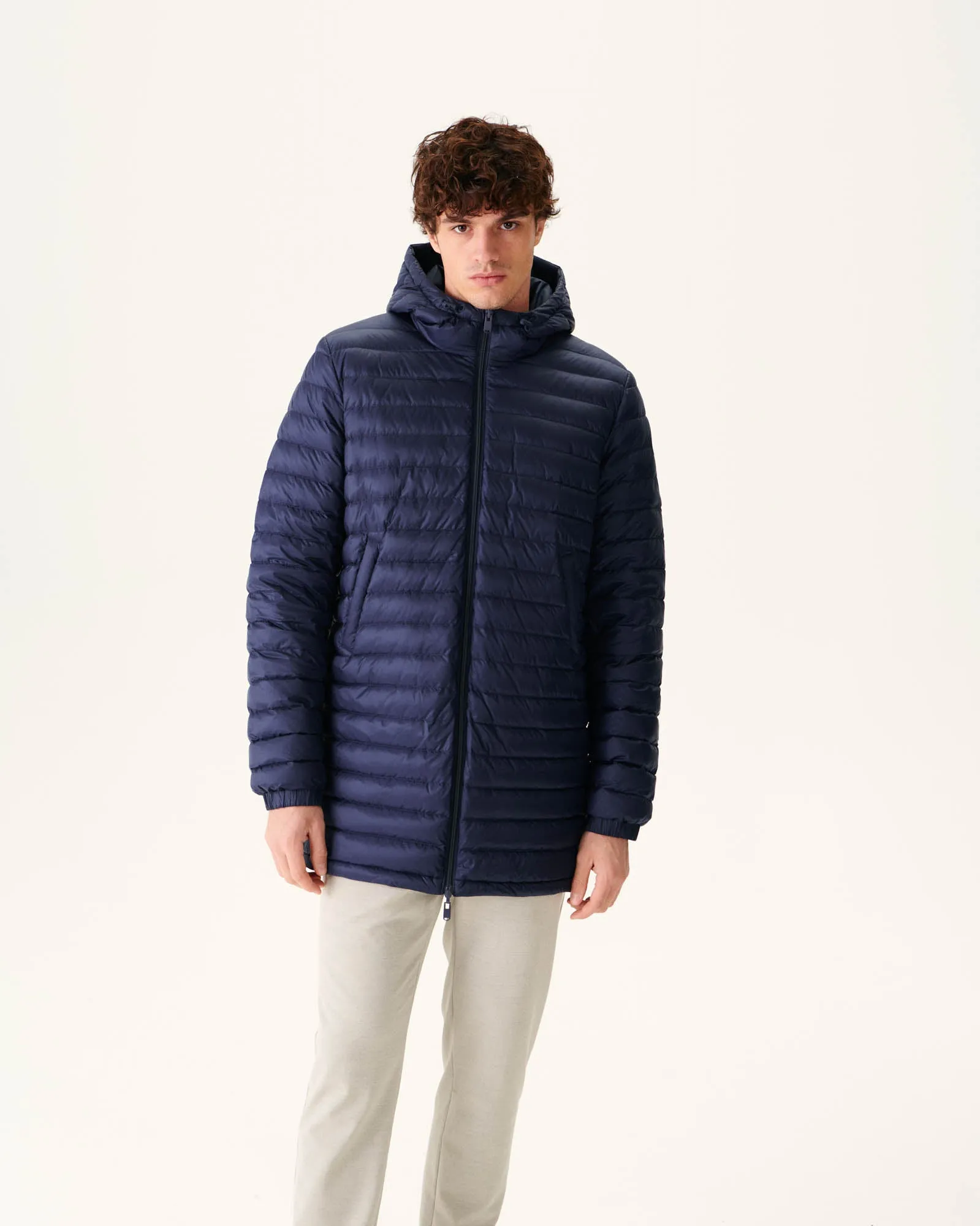 Navy Amsterdam long reversible hooded puffer jacket