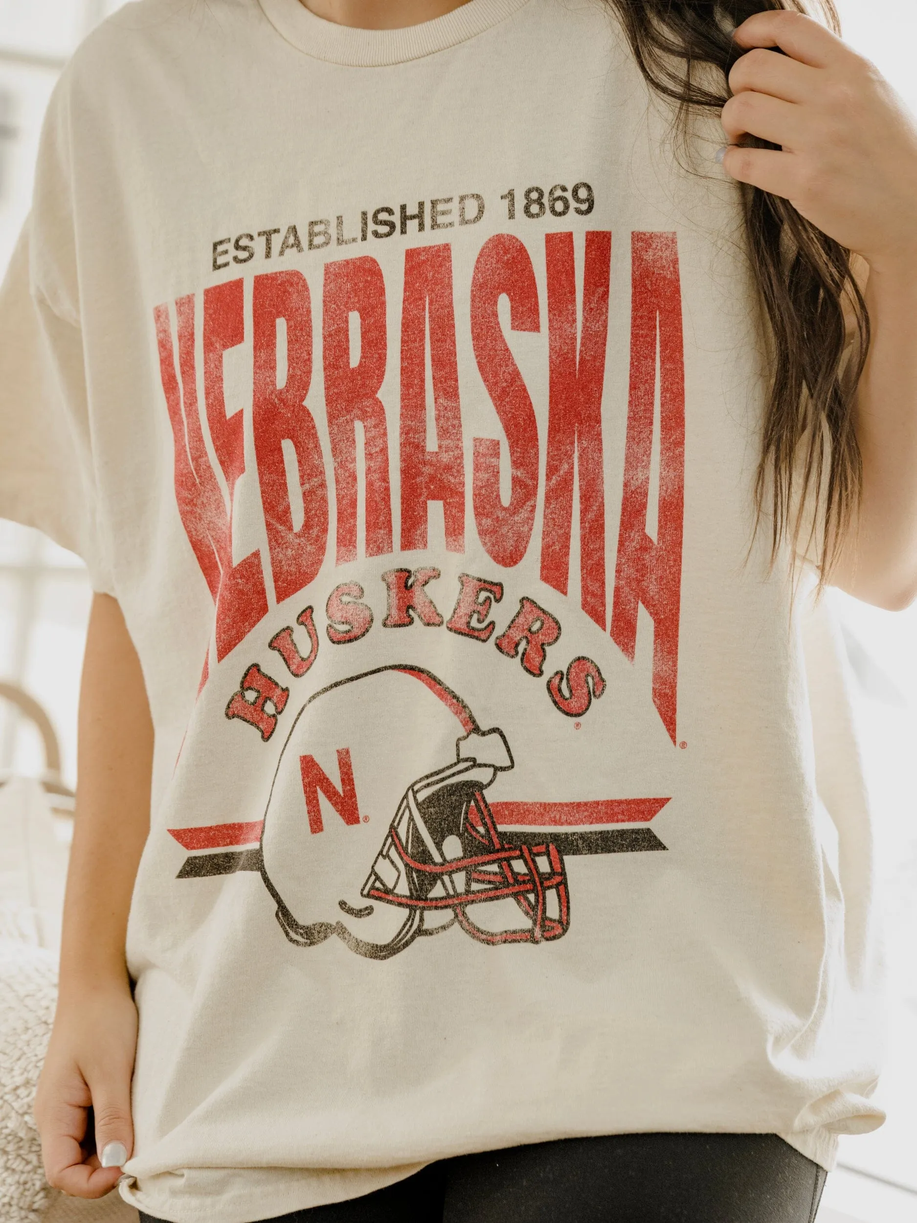 Nebraska Huskers Established Date Helmet Off White Thrifted Tee