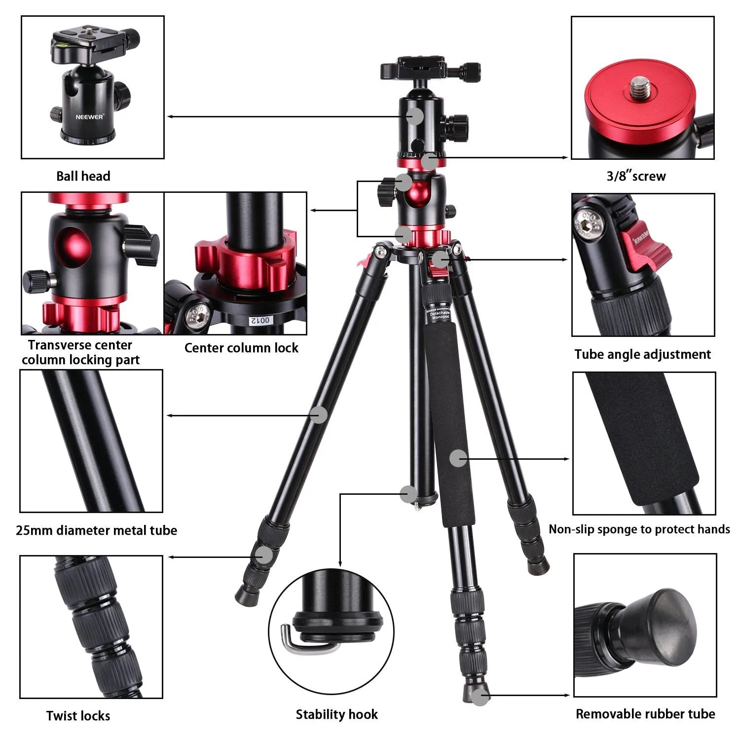 Neewer Camera Tripod Monopod with Rotatable Center Column for Panoramic Shooting - Aluminum Alloy 75 inches/191 Centimeters, 360 Degree Ball Head for DSLR Camera Video Camcorder up to 26.5 pounds