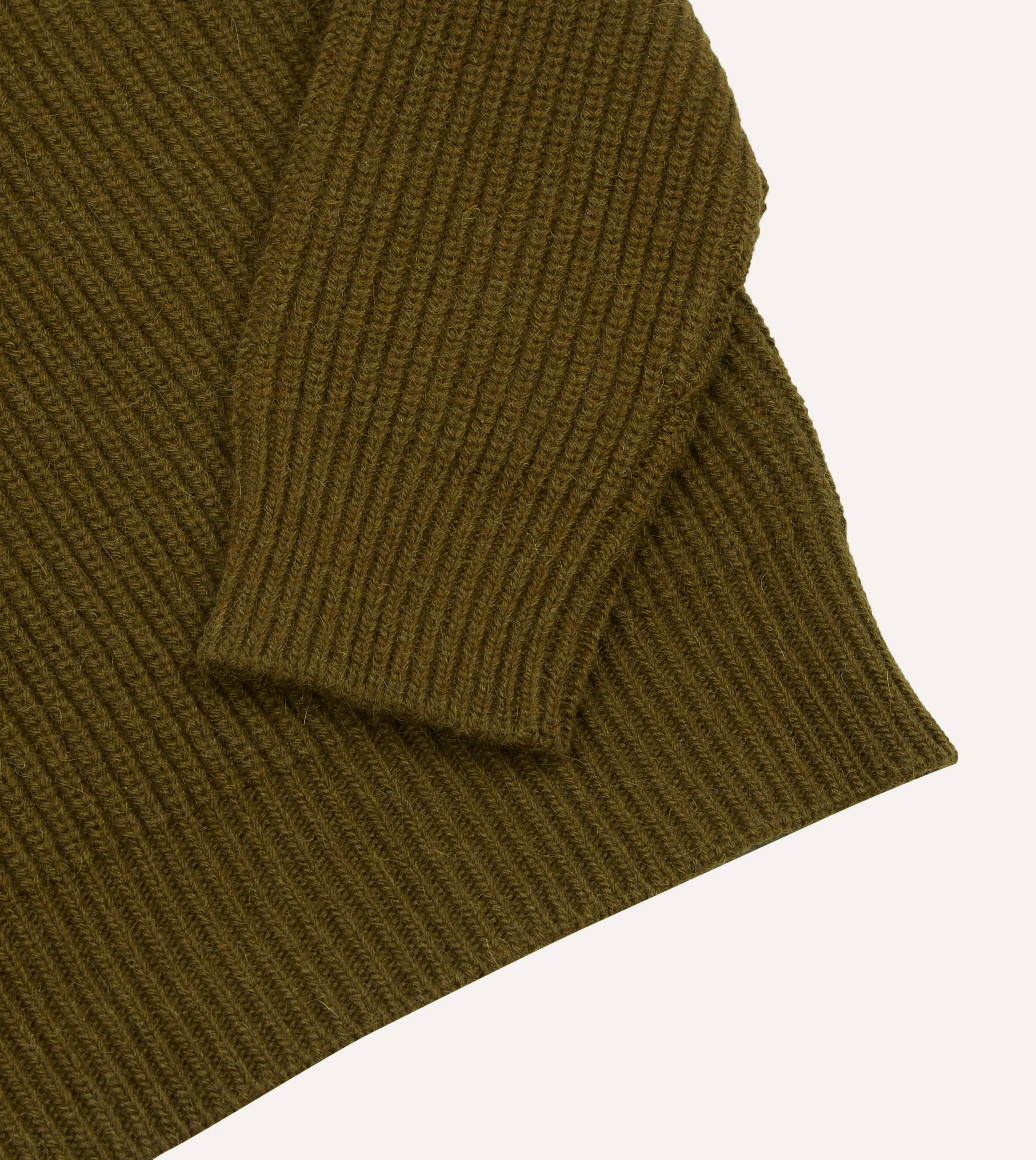 Olive Green Alpaca Lambswool Ribbed Integral Collar Jumper