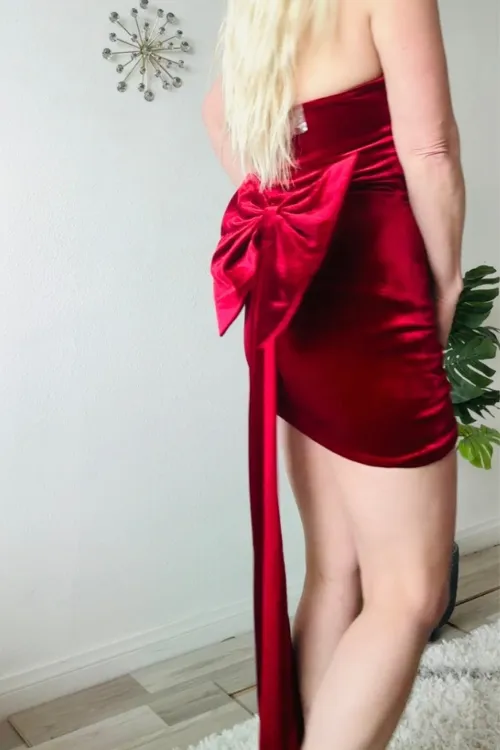 Once In A Lifetime Red Velvet Bow & Train Mini Dress