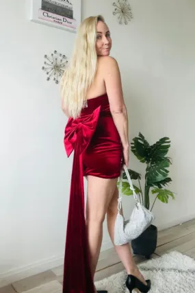 Once In A Lifetime Red Velvet Bow & Train Mini Dress