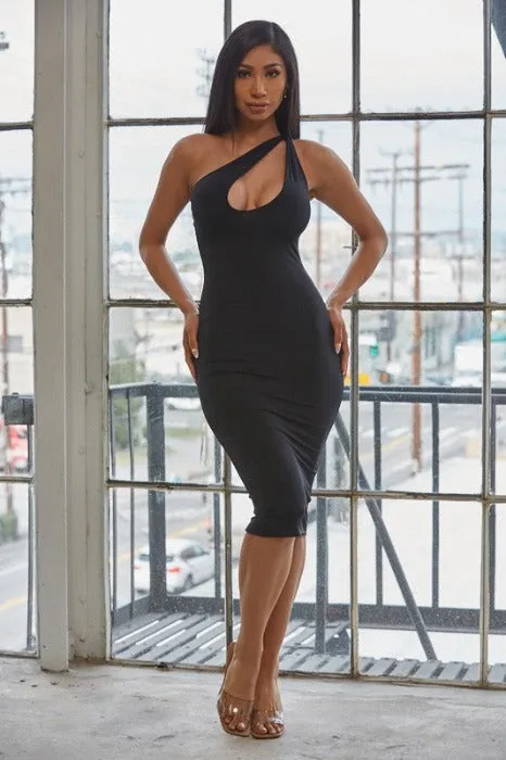 One shoulder twist solid black midi dress