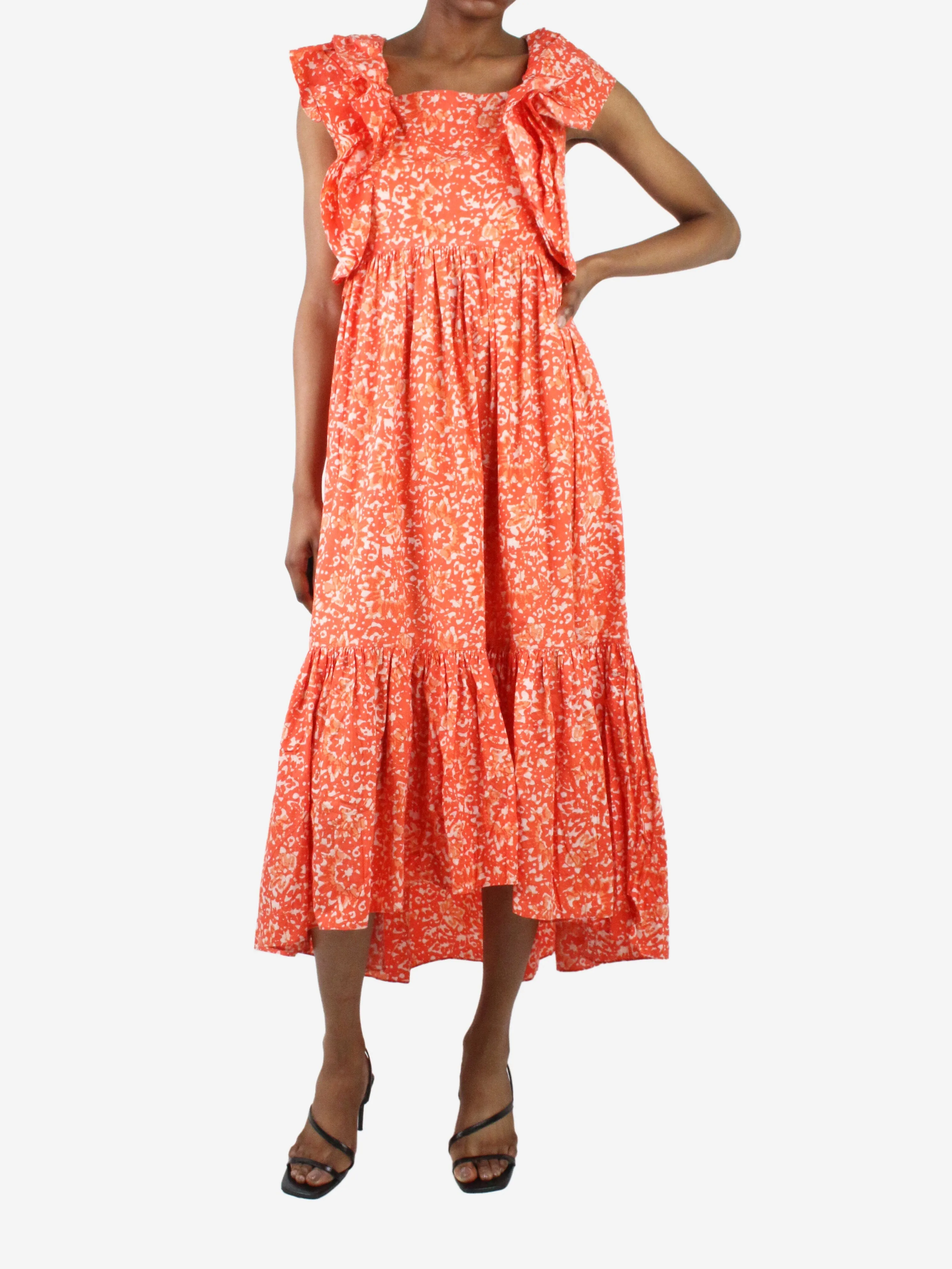 Orange sleeveless printed ruffle midi dress - size US 2