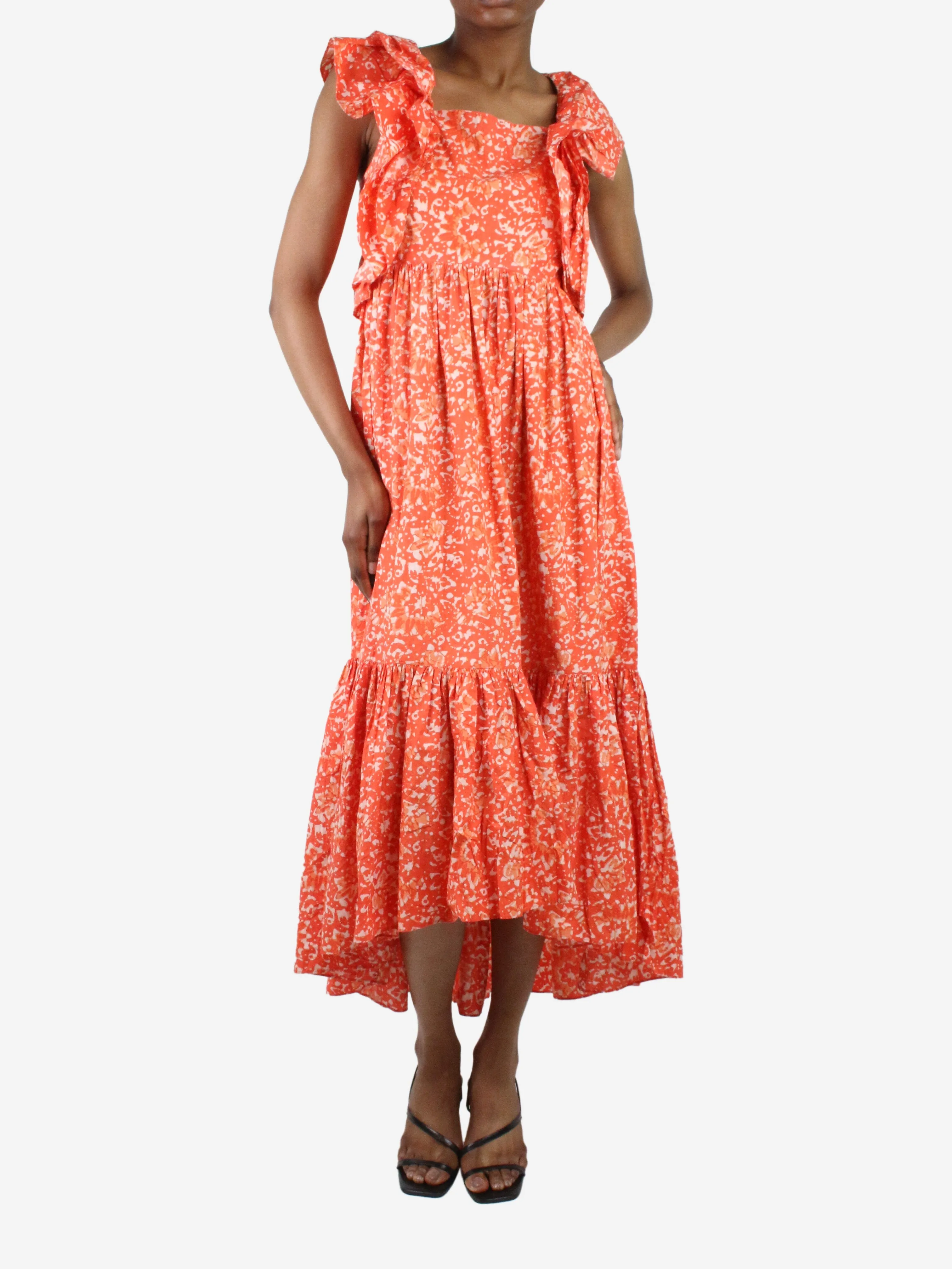 Orange sleeveless printed ruffle midi dress - size US 2