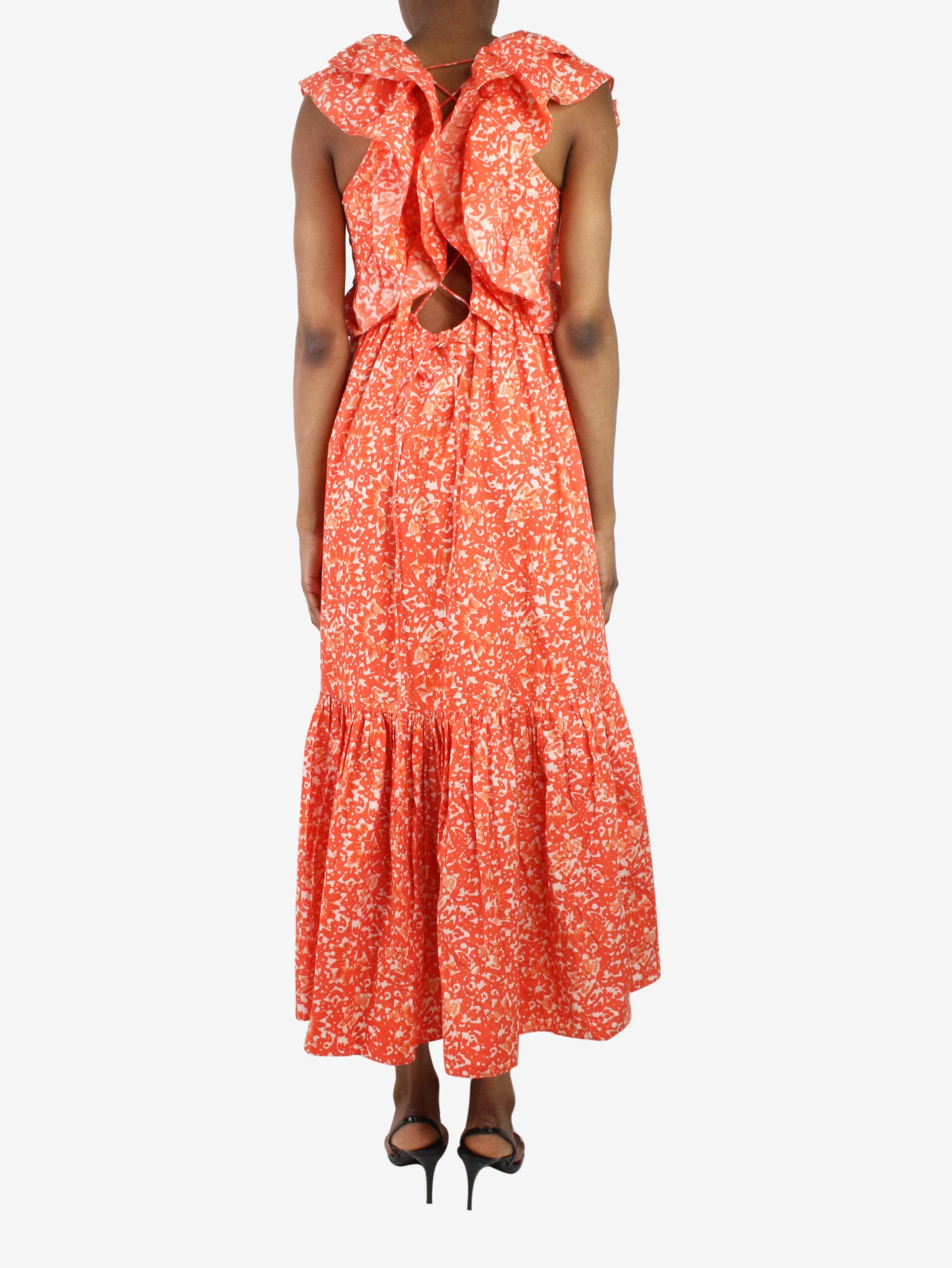 Orange sleeveless printed ruffle midi dress - size US 2