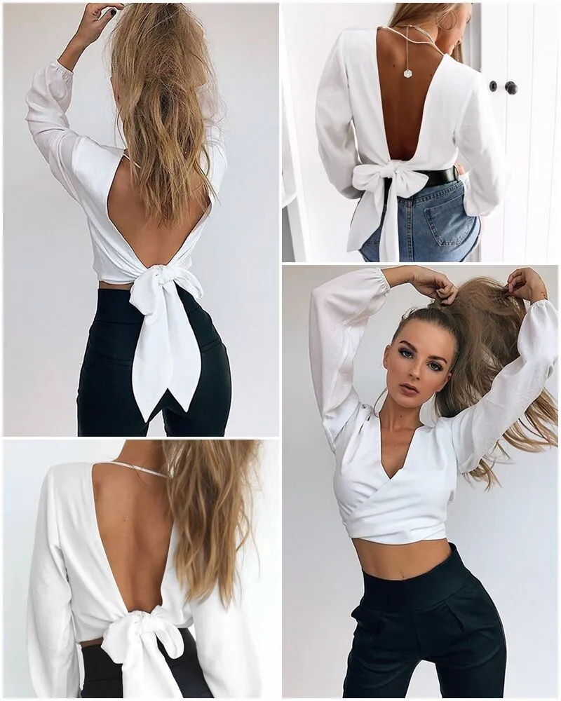 Oversized Open Back Tie Women's Crossover Front Long Sleeve Top