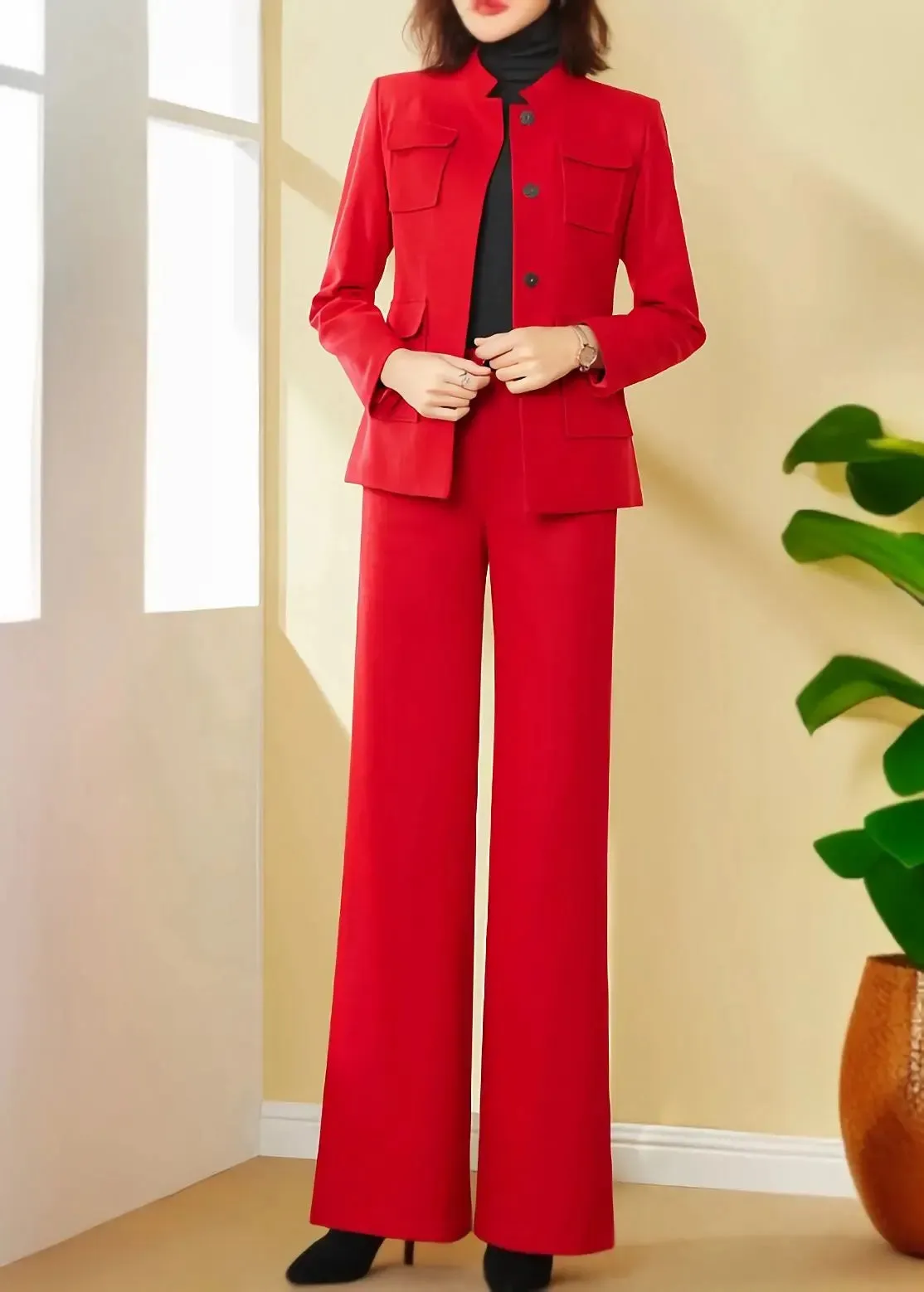 Red Belted Jacket & Wide Leg Pants Suit