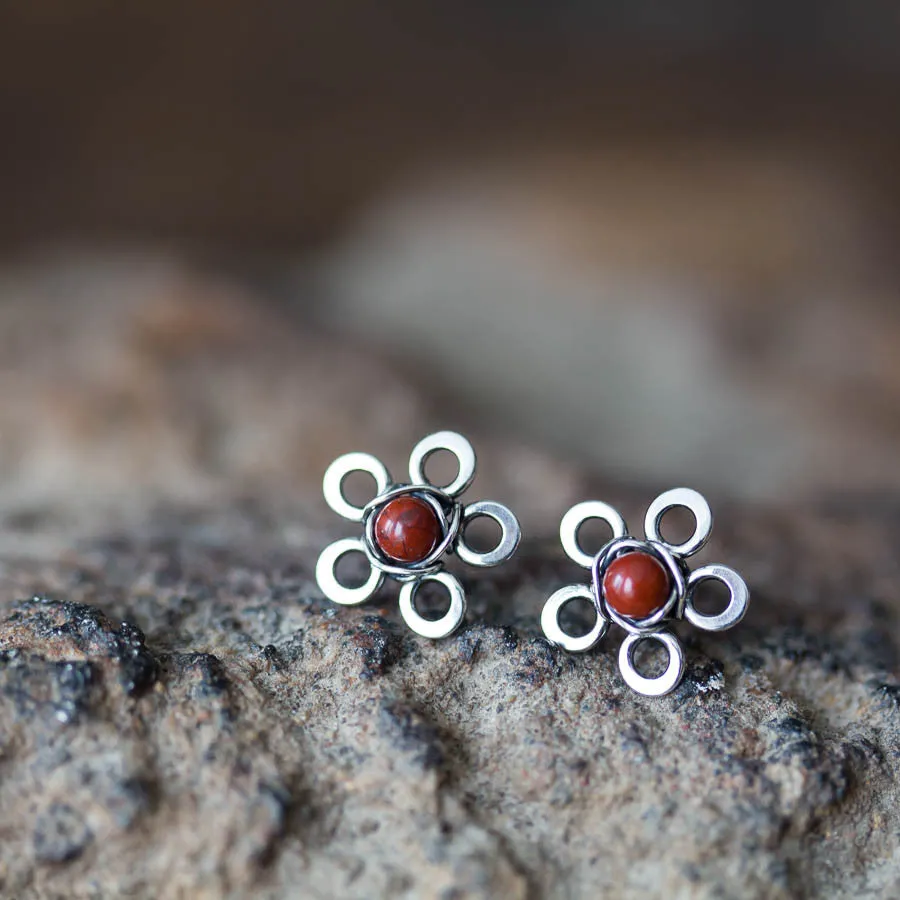 Red Jasper Flower Studs, Tiny Wire Wrapped Silver Flowers