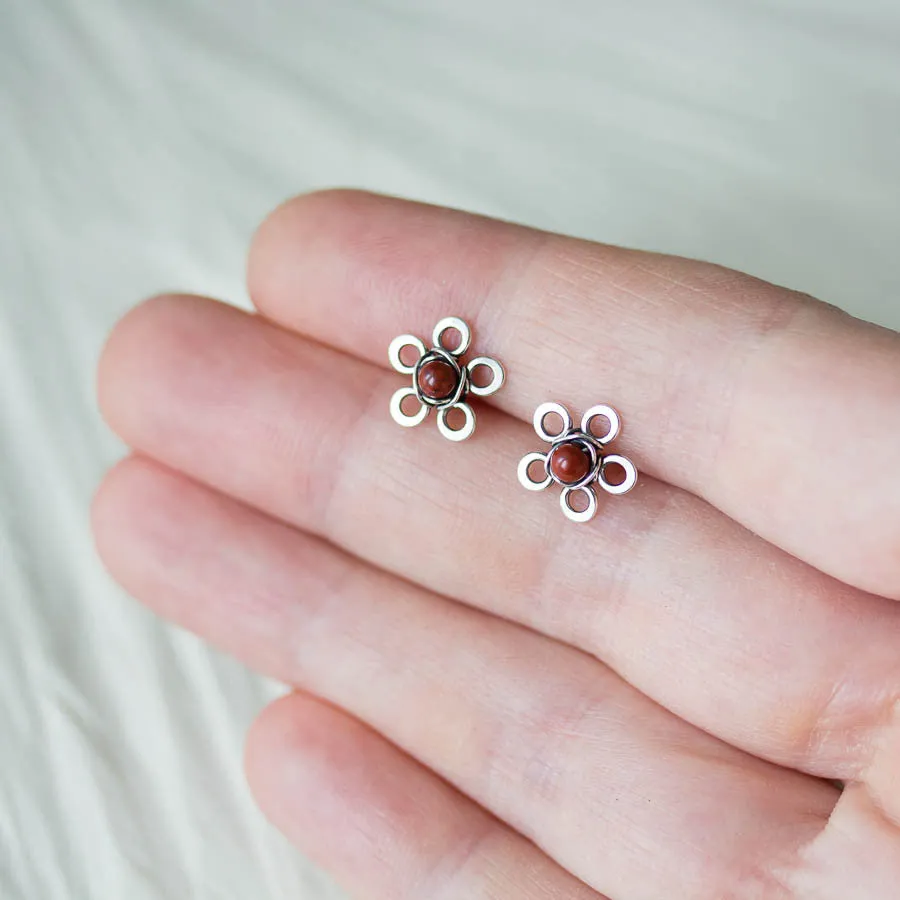 Red Jasper Flower Studs, Tiny Wire Wrapped Silver Flowers