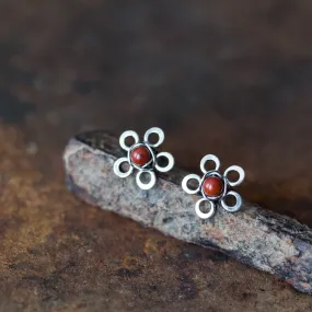 Red Jasper Flower Studs, Tiny Wire Wrapped Silver Flowers