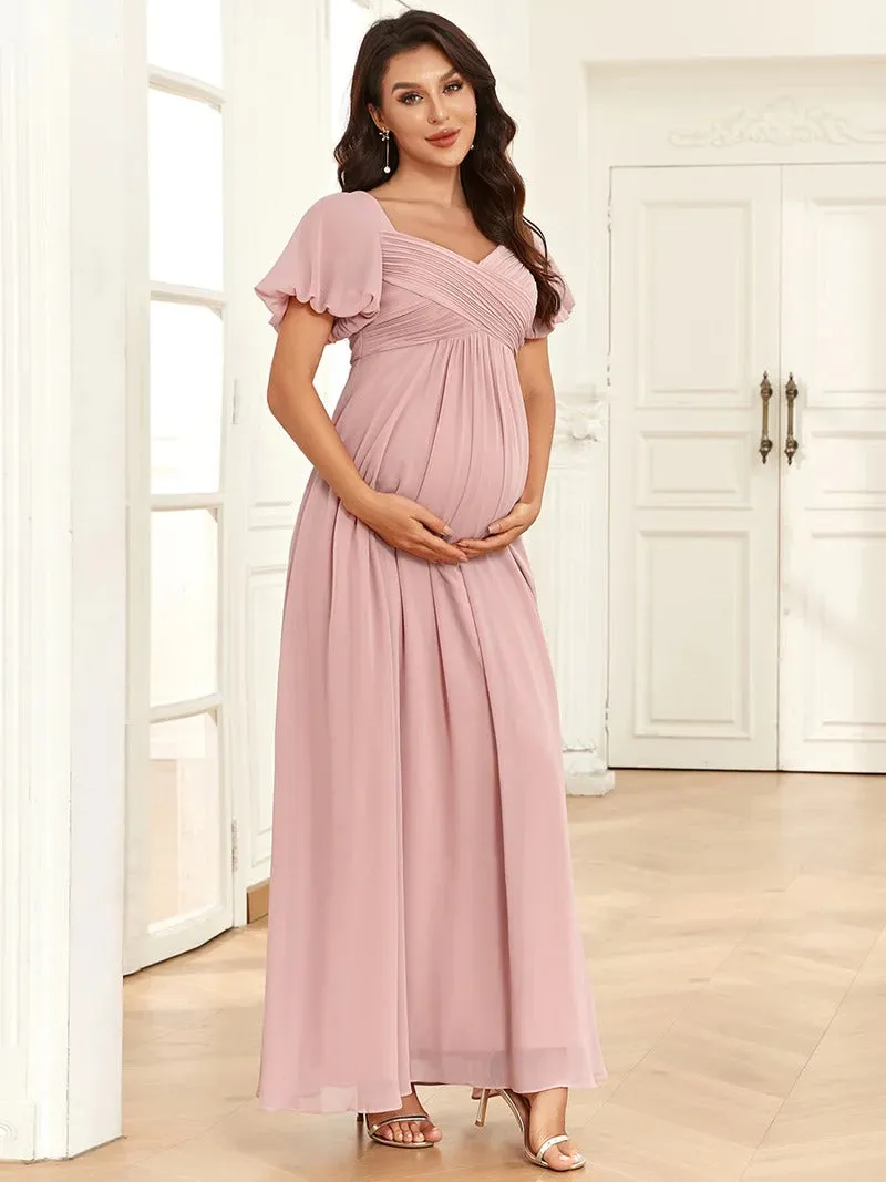 Short Lantern Sleeves Deep V Neck A Line Maternity Dresses