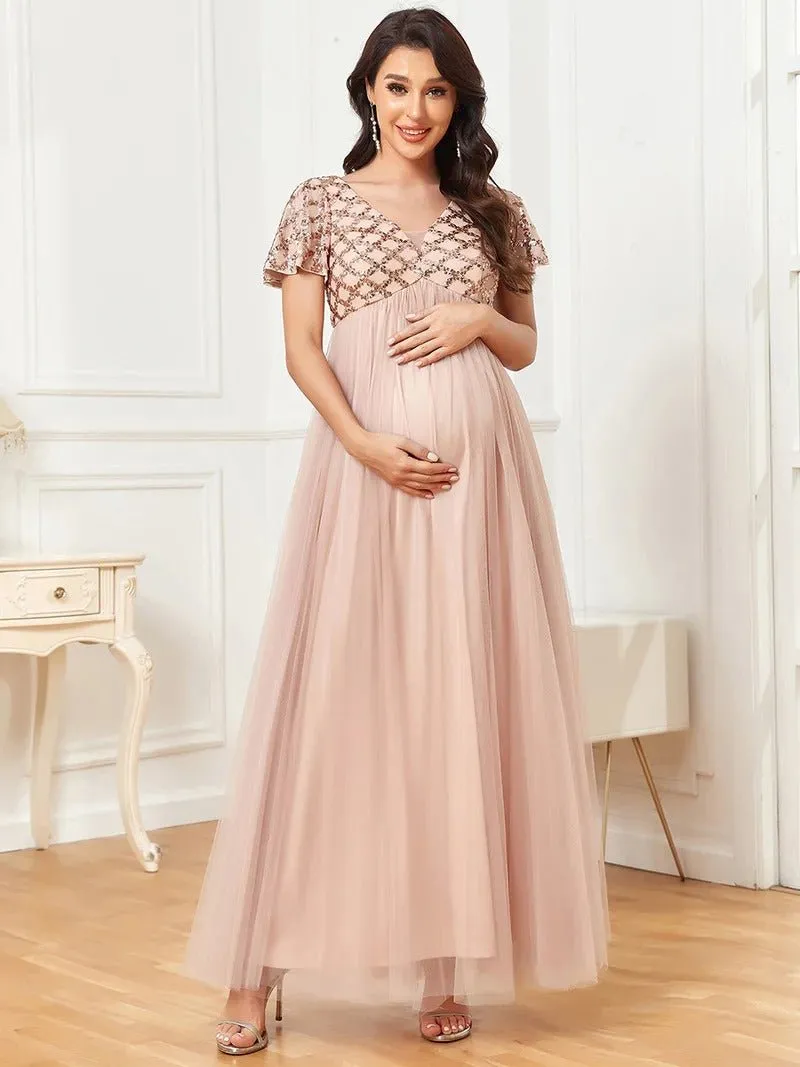 Short Ruffles Sleeves Deep V Neck A Line Maternity Dresses