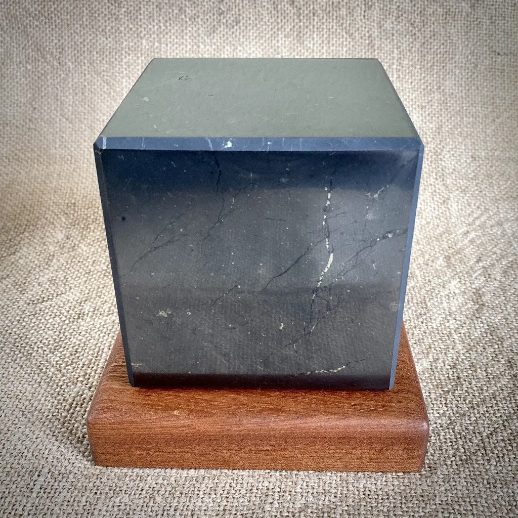 Shungite Cube, 3 Inch (75 mm) on Custom Mahogany Stand