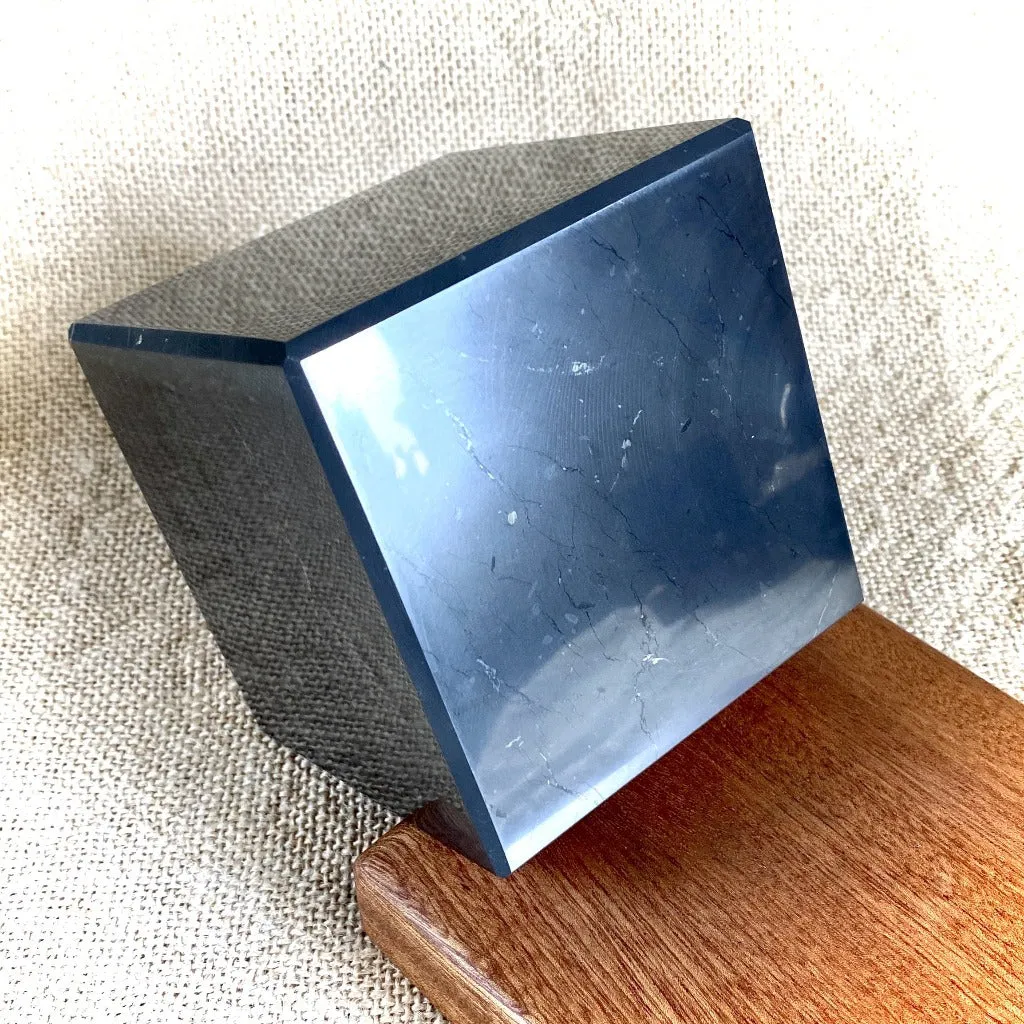 Shungite Cube, 3 Inch (75 mm) on Custom Mahogany Stand