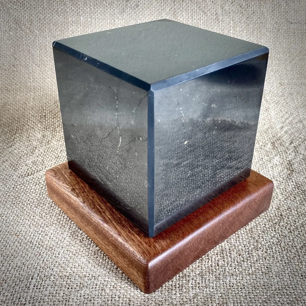 Shungite Cube, 3 Inch (75 mm) on Custom Mahogany Stand