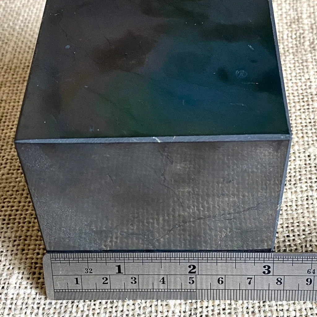 Shungite Cube, 3 Inch (75 mm) on Custom Mahogany Stand