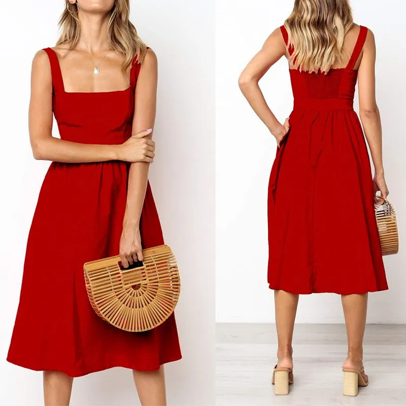 Slim Fit Wide Strap Square Neck Ruched Waist Midi Dress