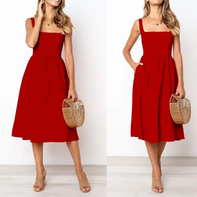 Slim Fit Wide Strap Square Neck Ruched Waist Midi Dress