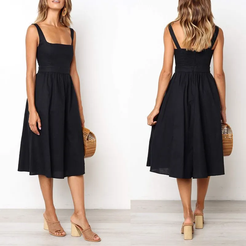 Slim Fit Wide Strap Square Neck Ruched Waist Midi Dress