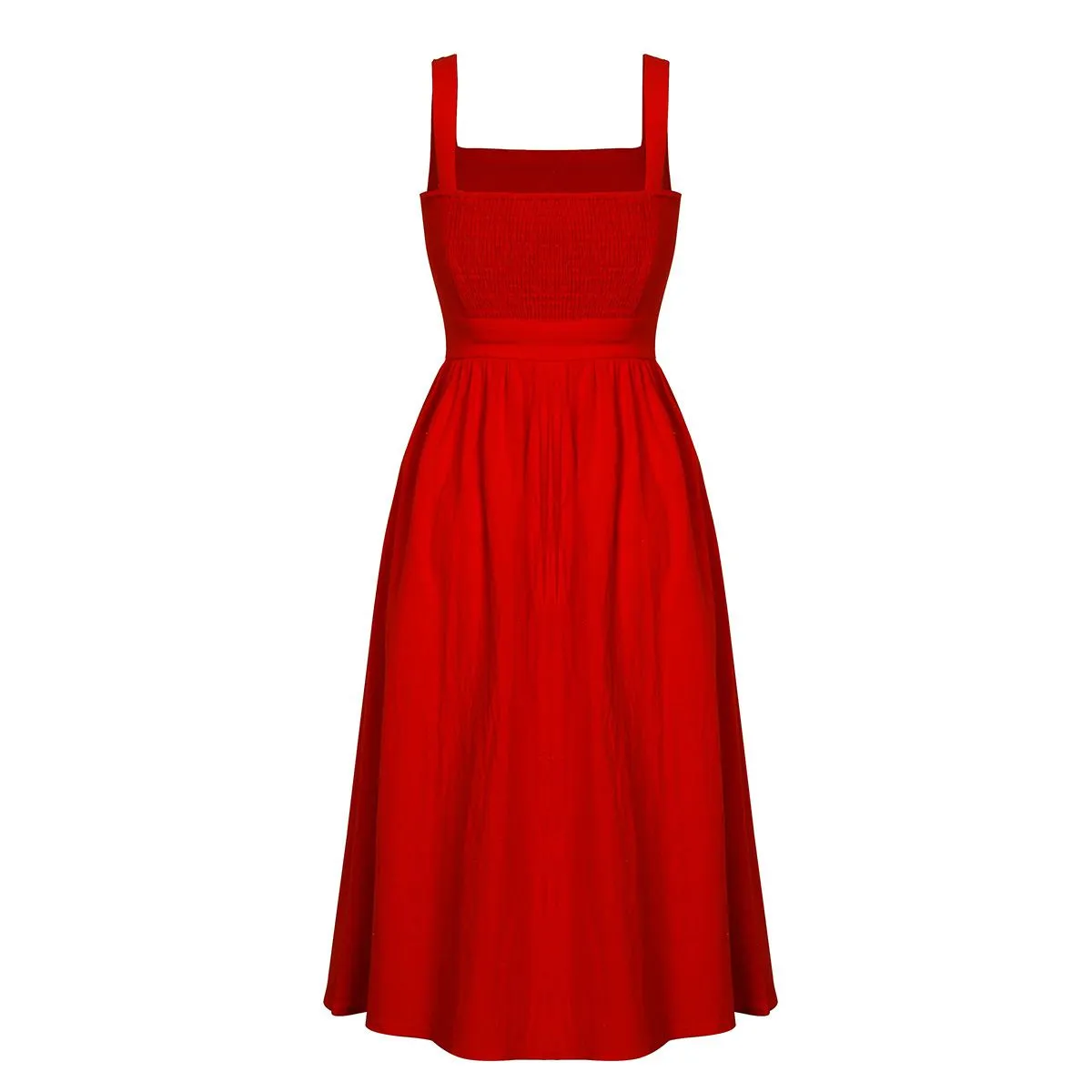 Slim Fit Wide Strap Square Neck Ruched Waist Midi Dress