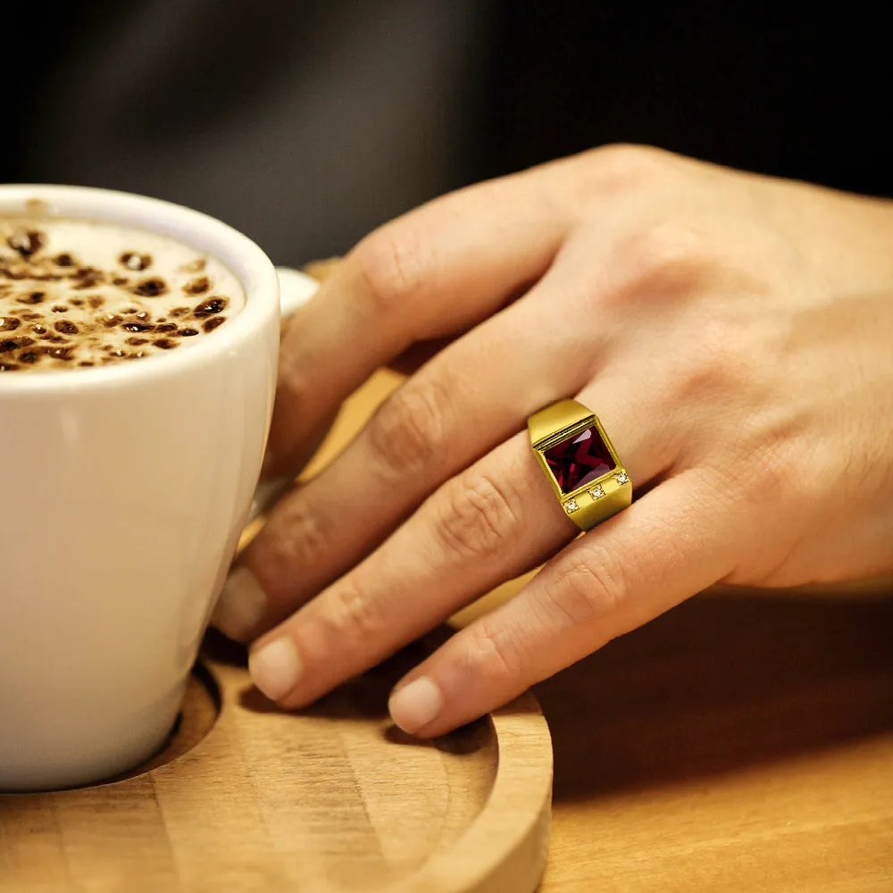 Solid 10K Yellow Fine Gold Red Ruby Mens Ring with 0.06ct Natural Diamonds