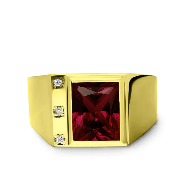 Solid 10K Yellow Fine Gold Red Ruby Mens Ring with 0.06ct Natural Diamonds