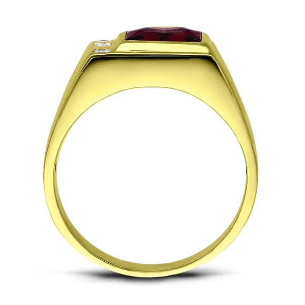 Solid 10K Yellow Fine Gold Red Ruby Mens Ring with 0.06ct Natural Diamonds