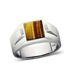 Solid 14K White Gold Tiger's Eye Mens Ring 0.08ct Natural Diamonds Ring for Men