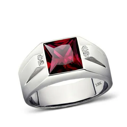 Solid 18K White Gold Red Ruby Jewelry 0.08ct Natural Diamond Ring