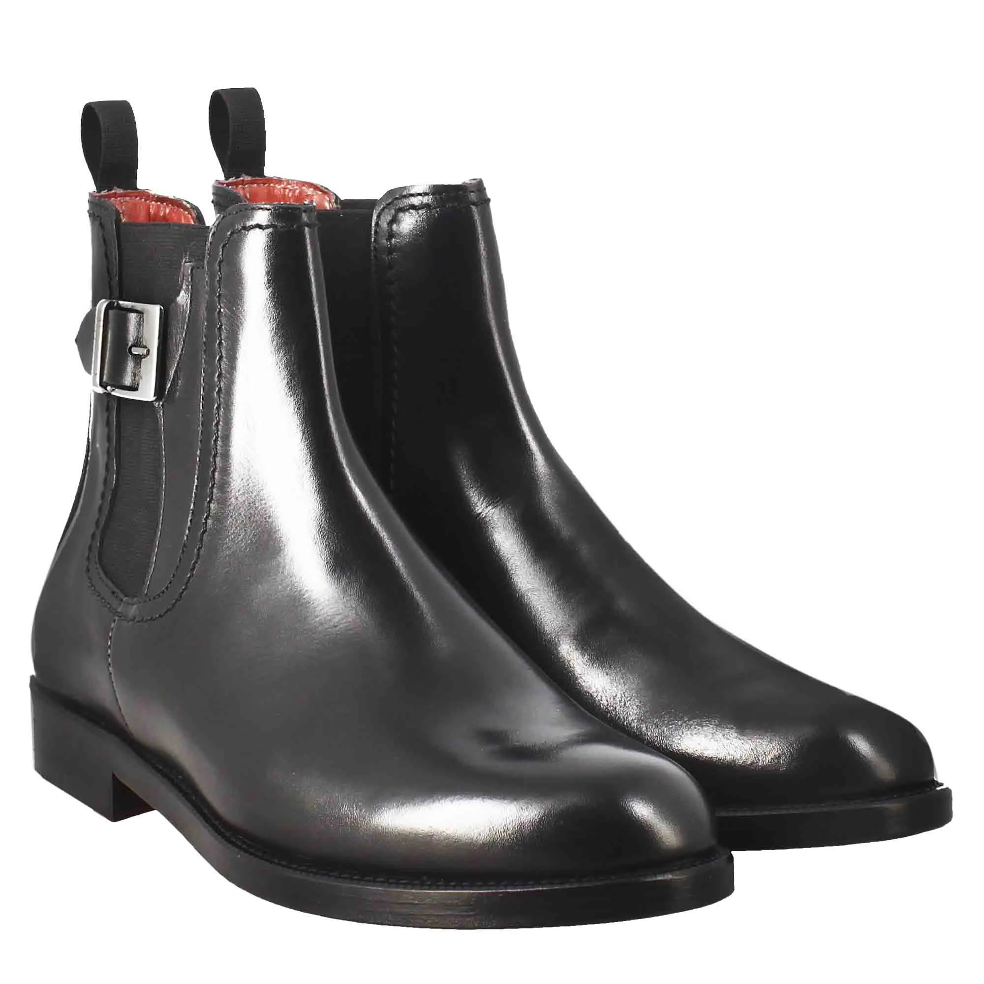 Stivaletto da donna liscio con tacco basso in pelle liscia colore nero con fibbia laterale