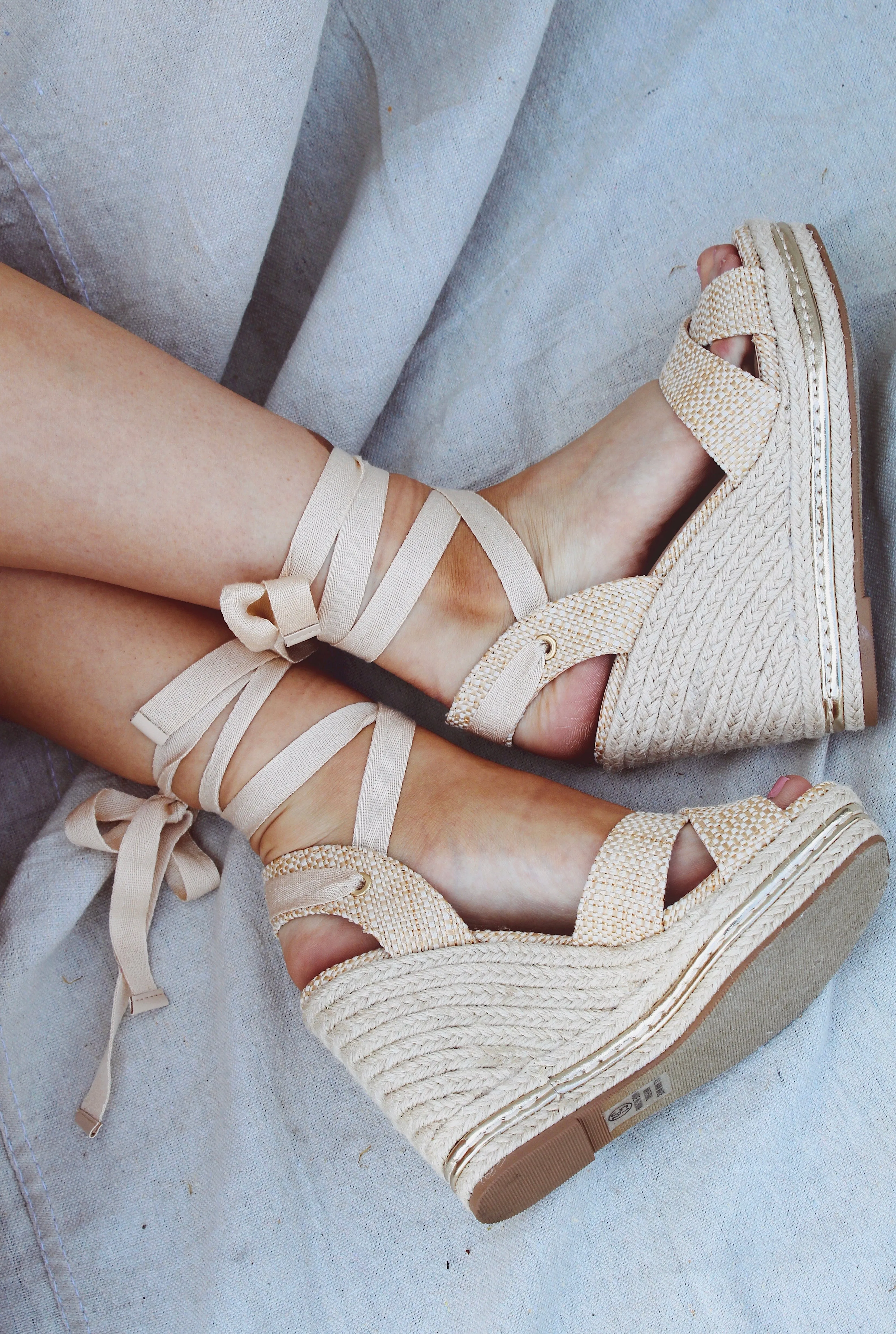 Tan Woven Espadrille Lace Up Wedges