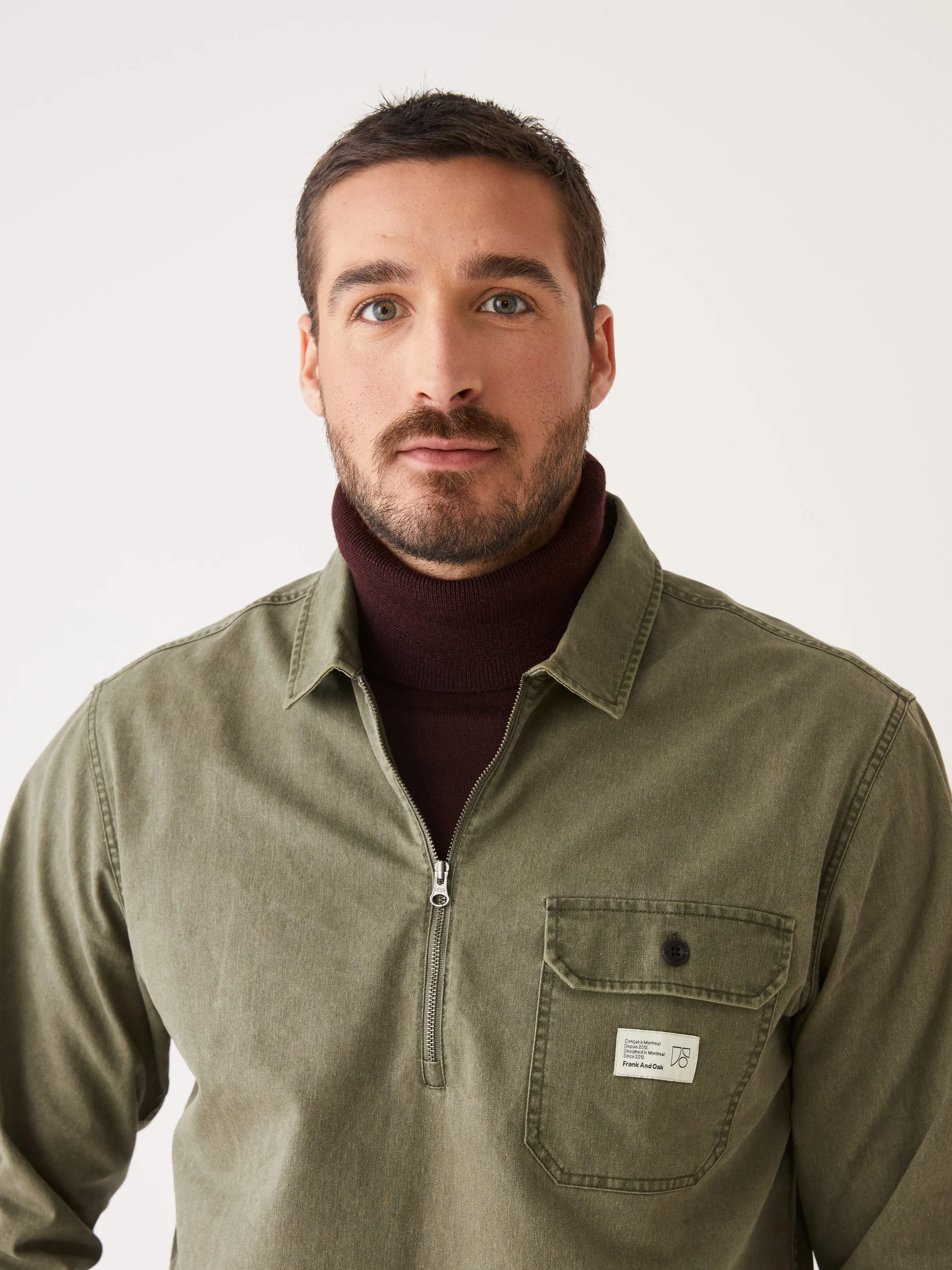 The Half-Zip Twill Popover Overshirt in Khaki