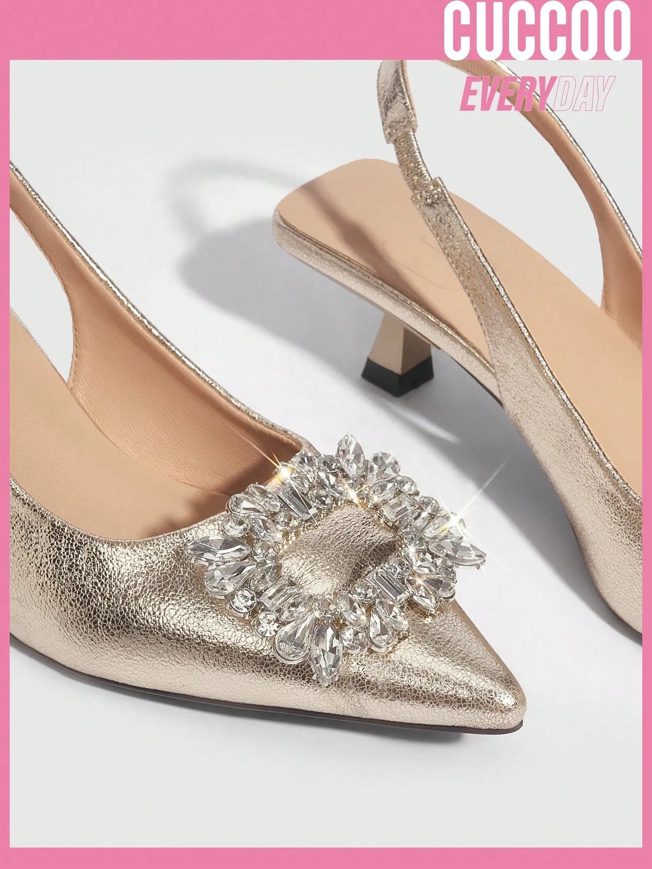 Woman Shoes Fashion High Heel Sandals With Rhinestone Square Buckle, Backless, Slip-On, Gold Pointed Toe Wedding Shoes For Spring And Summer