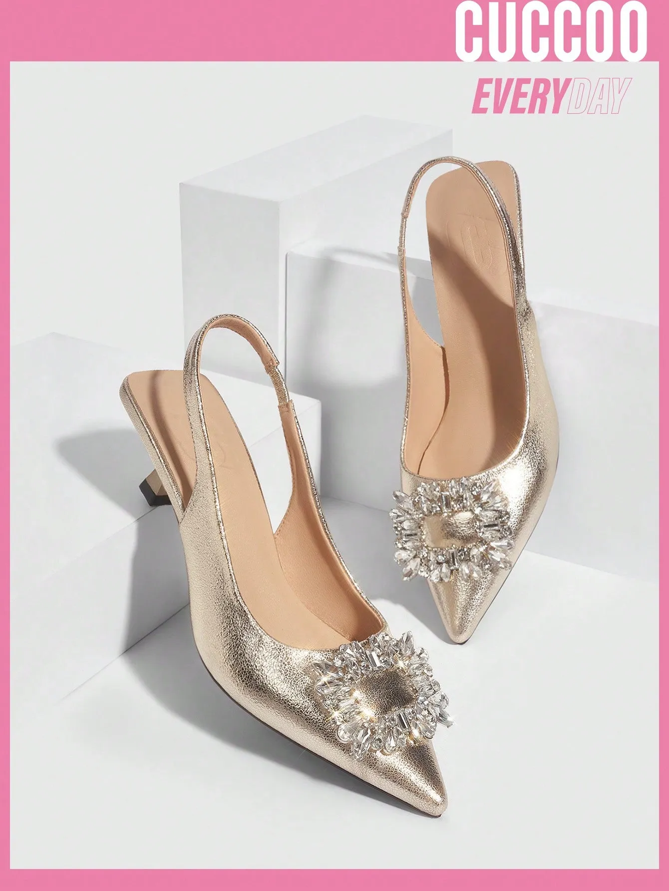 Woman Shoes Fashion High Heel Sandals With Rhinestone Square Buckle, Backless, Slip-On, Gold Pointed Toe Wedding Shoes For Spring And Summer