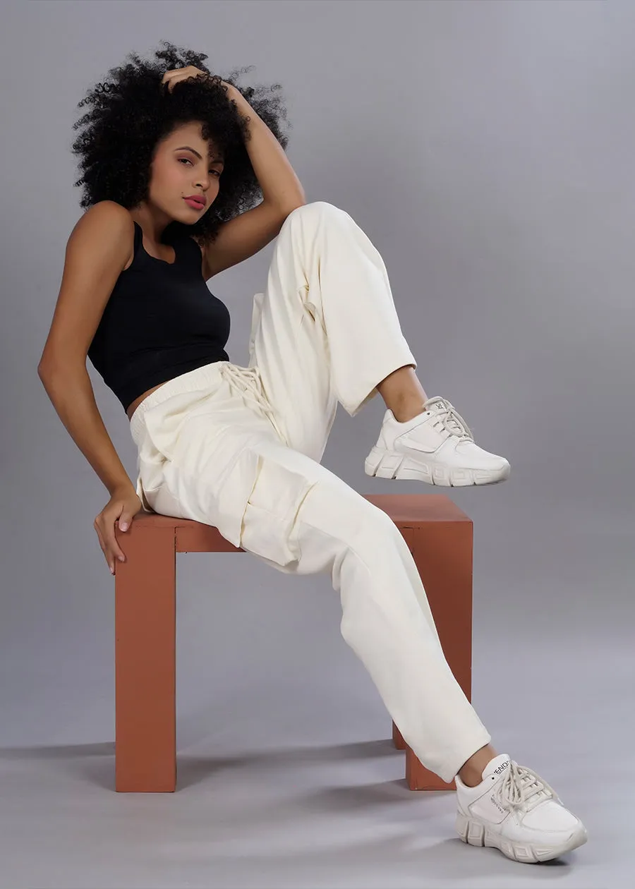 Women Premium Terry Cargo Pants - Off White