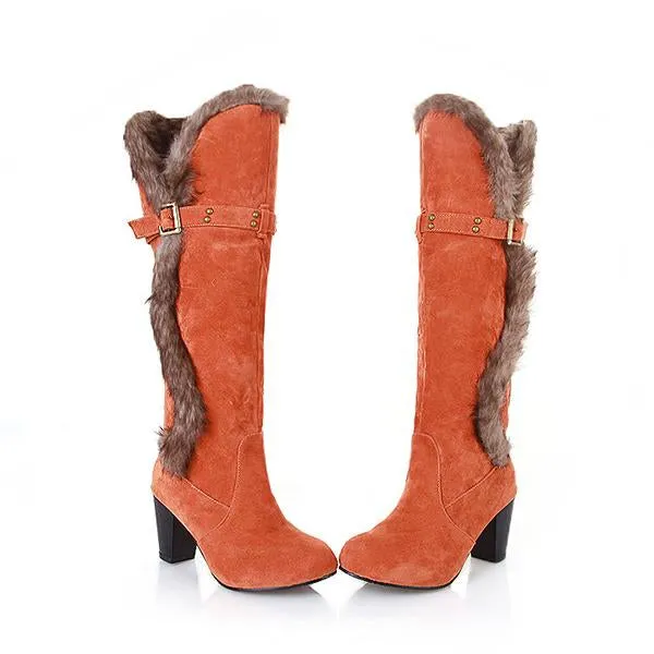 Women's Casual Belt Buckle Fur Collar Block Heel Boots 77448430S