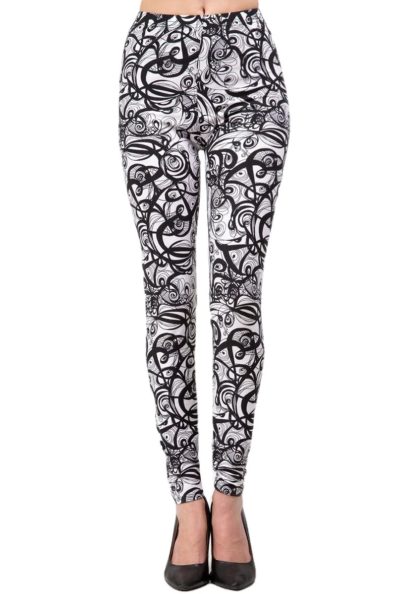 Women's Plus B&W Abstract Curve Pattern Printed Leggings