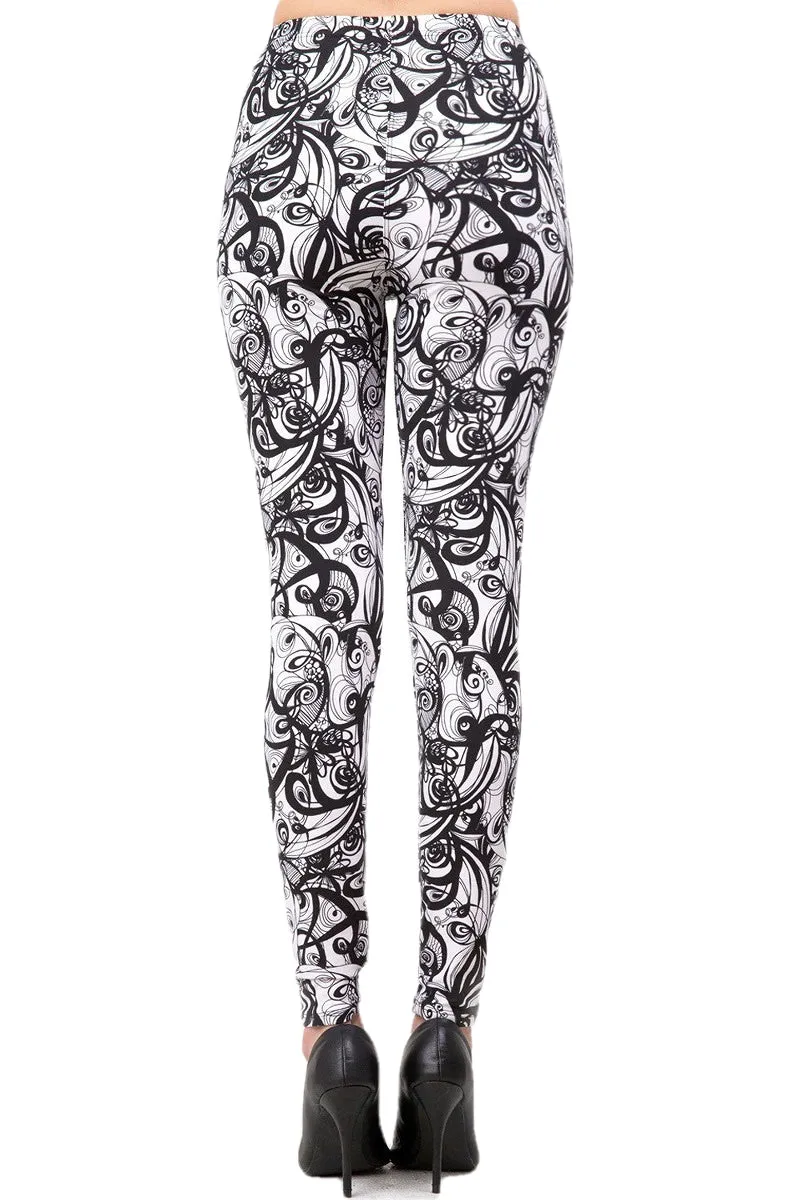 Women's Plus B&W Abstract Curve Pattern Printed Leggings