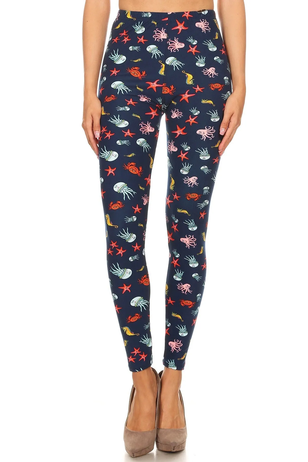 Women's Plus Jellyfish Starfish Sea Horse Pattern Printed Leggings