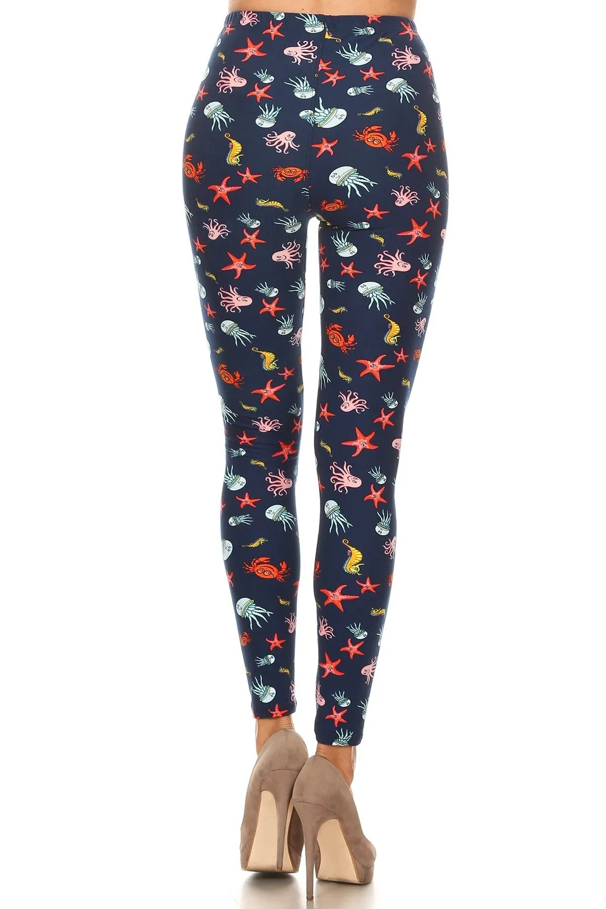 Women's Plus Jellyfish Starfish Sea Horse Pattern Printed Leggings