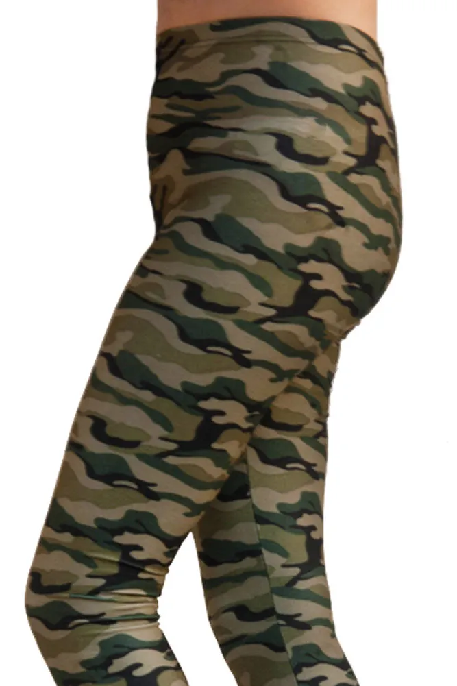 Women's Regular Brushed Camo Green Printed Leggings