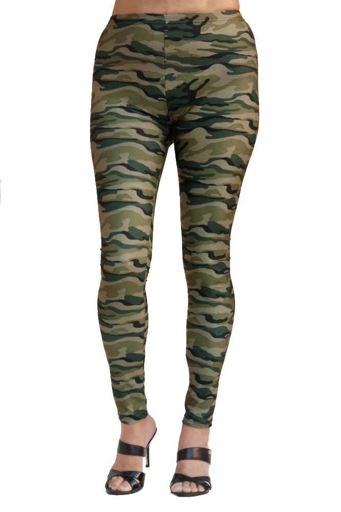 Women's Regular Brushed Camo Green Printed Leggings